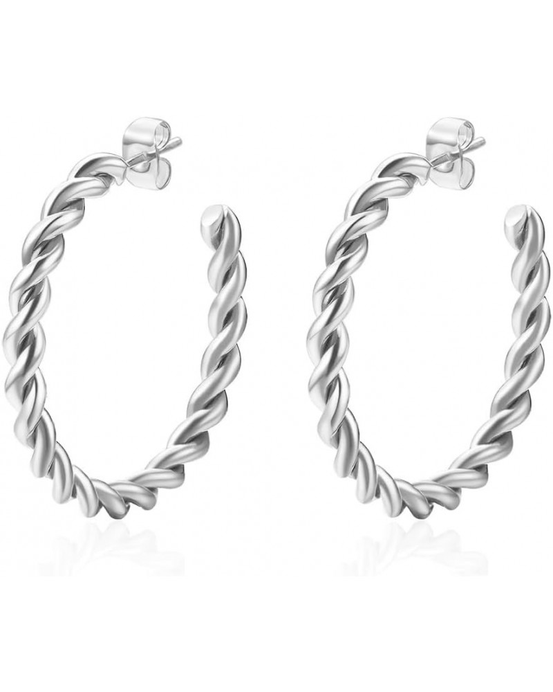 14K Gold/Silver Plated Stainless steel Croissant Chunky Earrings Classical Twisted Round Hoop Earring Fashion Post Earrings H...
