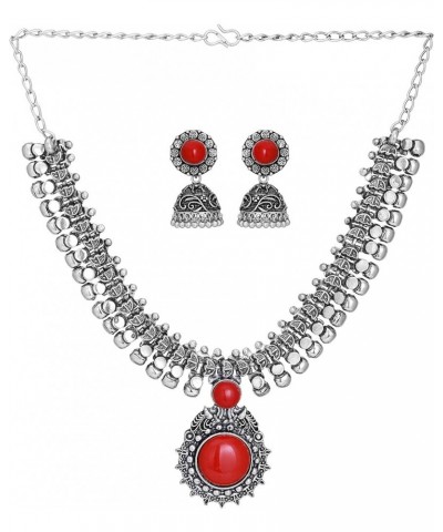 Indian Oxidized German Silver Stone Work Statement Choker Necklace Earrings Combo Fashion Jewelry Set for Women and Girls Red...