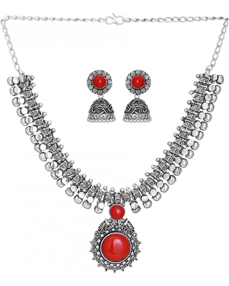 Indian Oxidized German Silver Stone Work Statement Choker Necklace Earrings Combo Fashion Jewelry Set for Women and Girls Red...