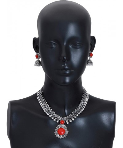 Indian Oxidized German Silver Stone Work Statement Choker Necklace Earrings Combo Fashion Jewelry Set for Women and Girls Red...