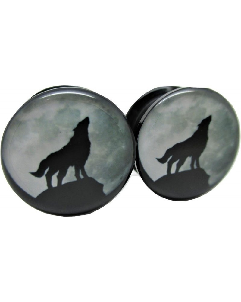 Wolf Howling at The Moon Ear Plugs - Acrylic - Screw-On - New *Pair* - 8 Sizes 6 Gauge (4mm) $10.41 Body Jewelry