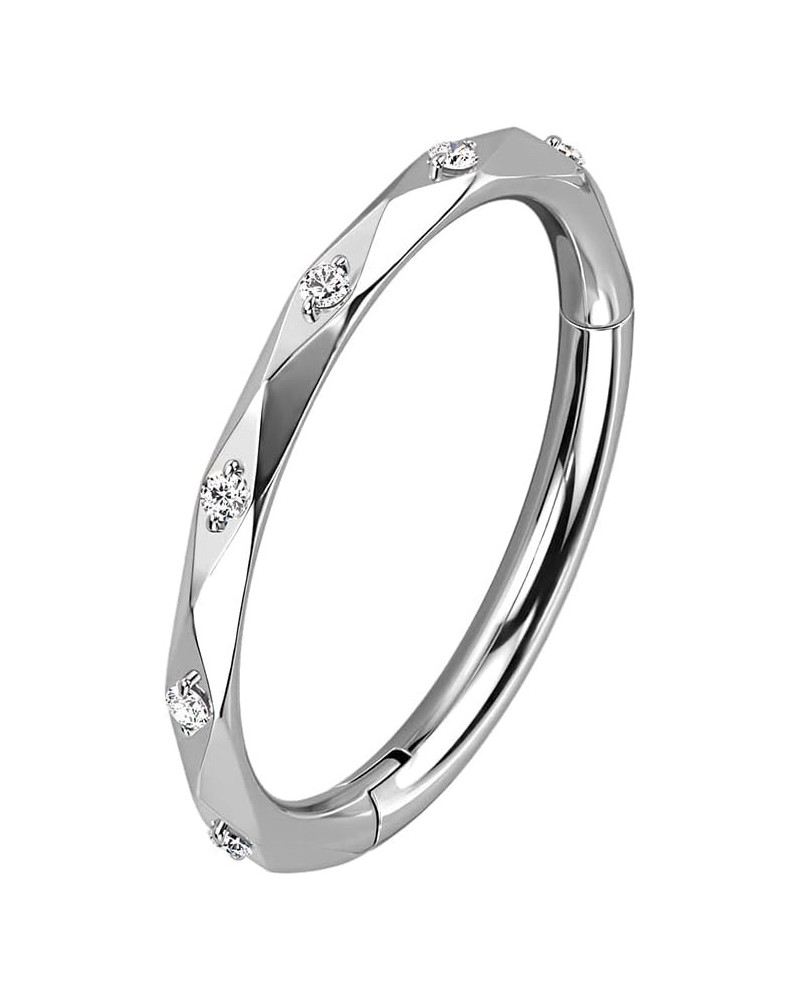 16 GA Implant Grade Titanium Hinged Segment Hoop Ring With CZ Accented Diamond Faceted Cuts 8MM Length(Choose Color) Steel/Cl...