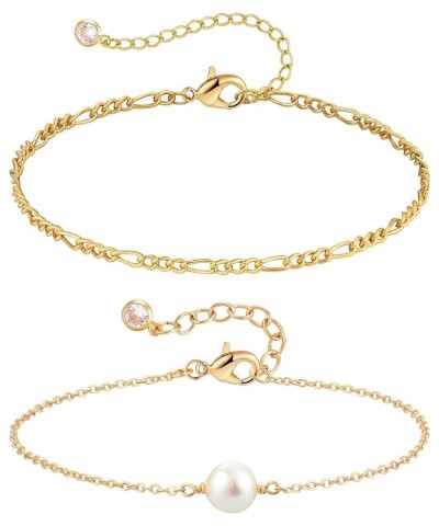 Bracelet for Women Gold Layered Set 2 Layer 14K Gold Plated Simple Dainty Chain Everyday Jewelry Figaro & Pearl $11.15 Bracelets