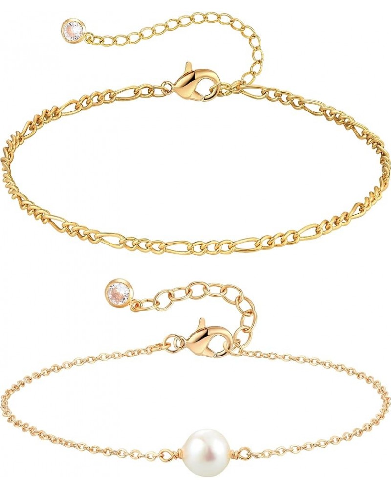 Bracelet for Women Gold Layered Set 2 Layer 14K Gold Plated Simple Dainty Chain Everyday Jewelry Figaro & Pearl $11.15 Bracelets