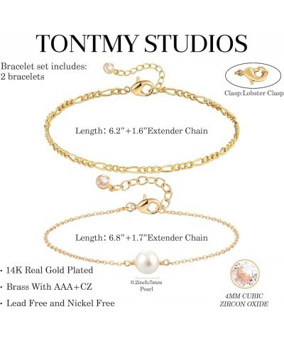 Bracelet for Women Gold Layered Set 2 Layer 14K Gold Plated Simple Dainty Chain Everyday Jewelry Figaro & Pearl $11.15 Bracelets