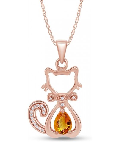 Pear & Round Cut Simulated Birthstone & White Natural Diamond Accent Cute Cat Kitty Pendant Necklace Along With 18" Silver Ch...